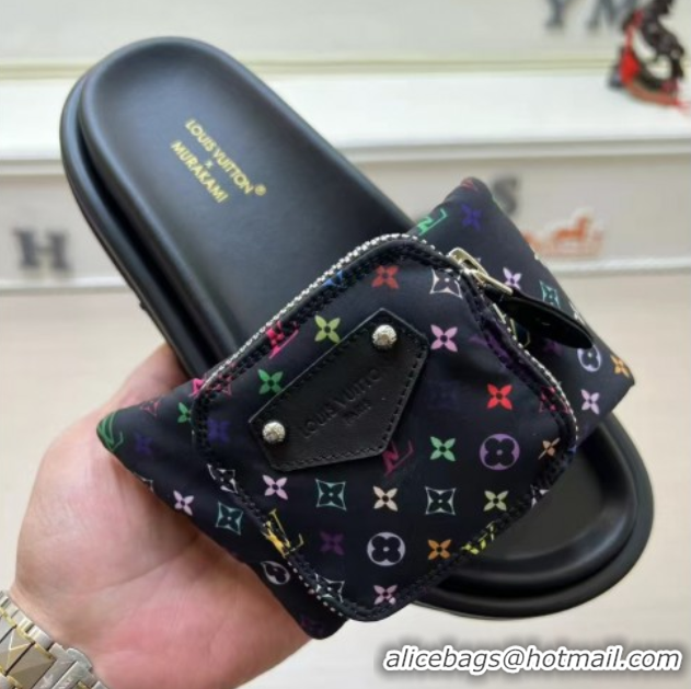 Top Design Louis Vuitton LV x TM Pool Pillow Flat Comfort Slides Sandal in Multicolor Monogram Nylon with Pouch Black 02