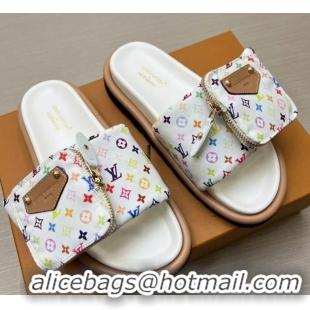 Pretty Style Louis Vuitton LV x TM Pool Pillow Flat Comfort Slides Sandal in Multicolor Monogram Nylon with Pouch White 