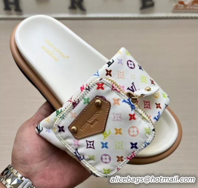 Pretty Style Louis Vuitton LV x TM Pool Pillow Flat Comfort Slides Sandal in Multicolor Monogram Nylon with Pouch White 
