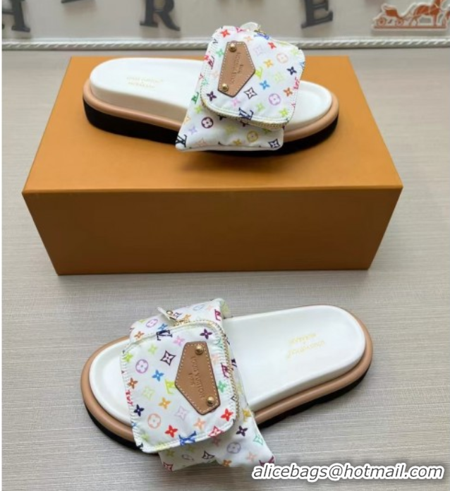 Pretty Style Louis Vuitton LV x TM Pool Pillow Flat Comfort Slides Sandal in Multicolor Monogram Nylon with Pouch White 