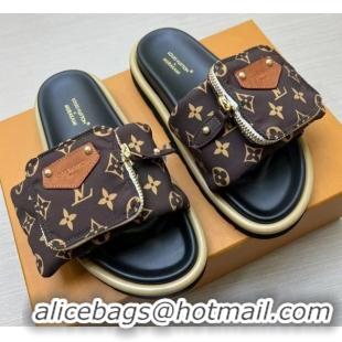 Good Quality Louis Vuitton LV x TM Pool Pillow Flat Comfort Slides Sandal in Monogram Nylon with Pouch Brown 0222076