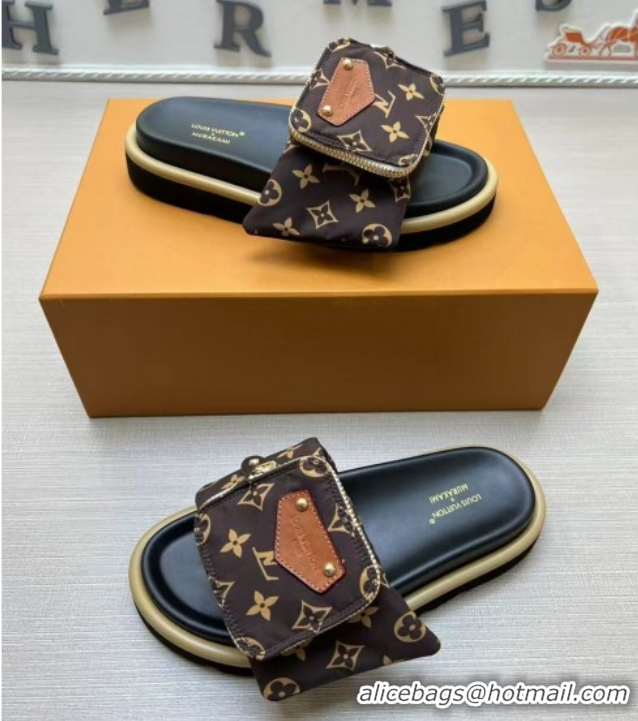 Good Quality Louis Vuitton LV x TM Pool Pillow Flat Comfort Slides Sandal in Monogram Nylon with Pouch Brown 0222076