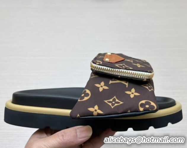 Good Quality Louis Vuitton LV x TM Pool Pillow Flat Comfort Slides Sandal in Monogram Nylon with Pouch Brown 0222076