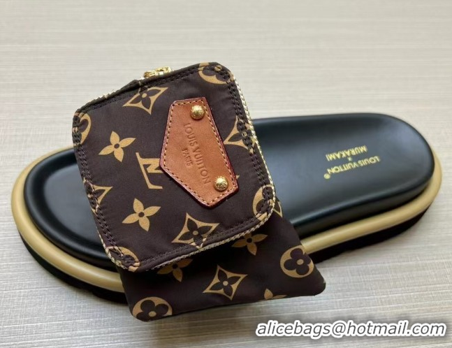 Good Quality Louis Vuitton LV x TM Pool Pillow Flat Comfort Slides Sandal in Monogram Nylon with Pouch Brown 0222076