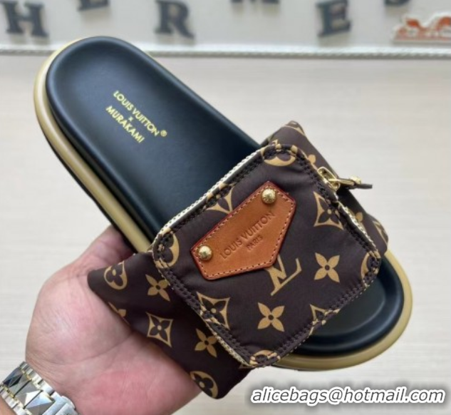 Good Quality Louis Vuitton LV x TM Pool Pillow Flat Comfort Slides Sandal in Monogram Nylon with Pouch Brown 0222076