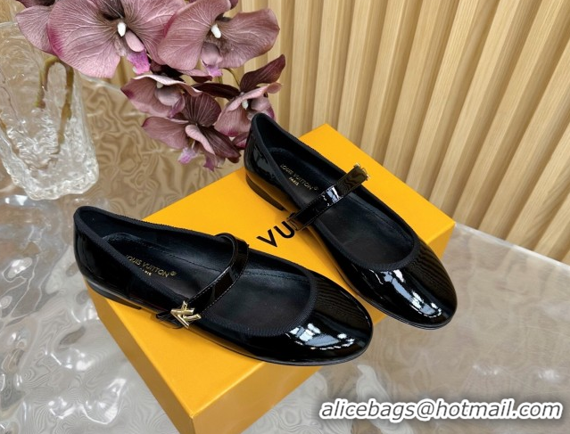 Perfect Louis Vuitton Romy Flats Ballerinas in Patent Leather with LV Strap Black 0222080