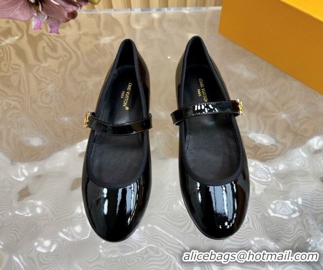 Perfect Louis Vuitton Romy Flats Ballerinas in Patent Leather with LV Strap Black 0222080