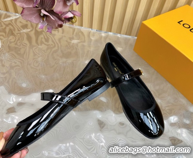 Perfect Louis Vuitton Romy Flats Ballerinas in Patent Leather with LV Strap Black 0222080