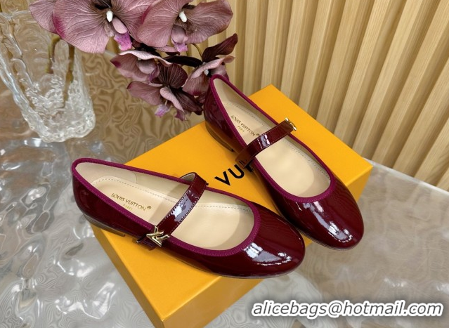 Best Grade Louis Vuitton Romy Flats Ballerinas in Patent Leather with LV Strap Dark Burgundy 0222082