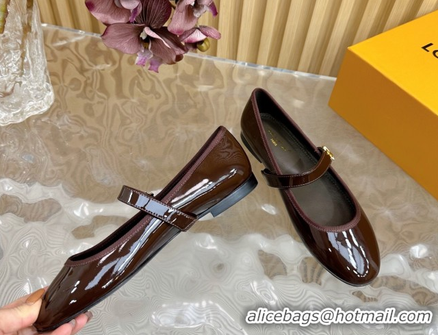 Popular Style Louis Vuitton Romy Flats Ballerinas in Patent Leather with LV Strap Dark Brown 0222083