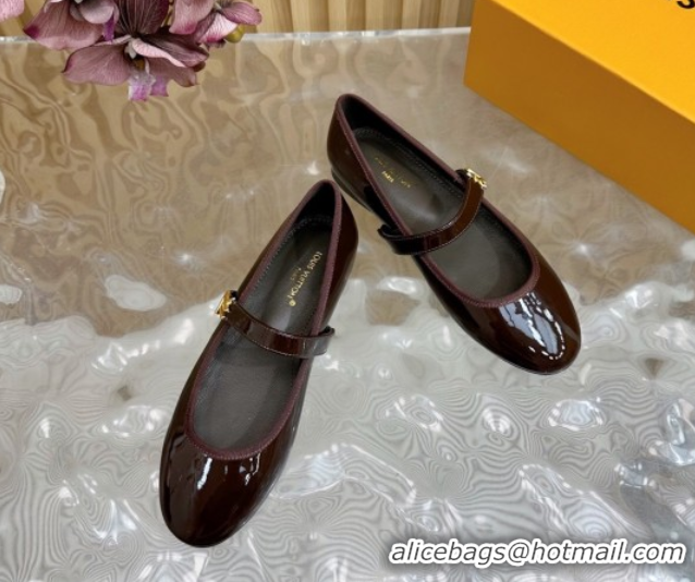 Popular Style Louis Vuitton Romy Flats Ballerinas in Patent Leather with LV Strap Dark Brown 0222083