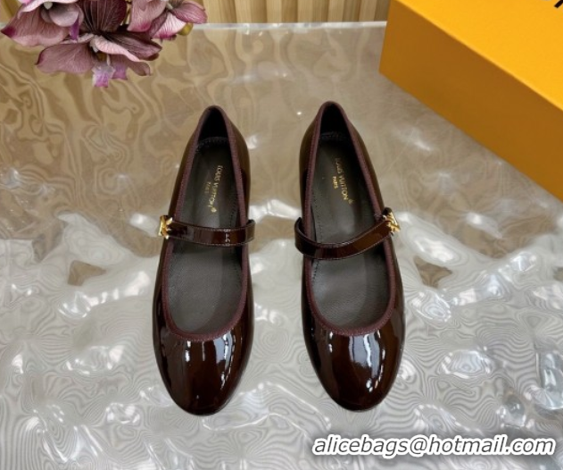 Popular Style Louis Vuitton Romy Flats Ballerinas in Patent Leather with LV Strap Dark Brown 0222083