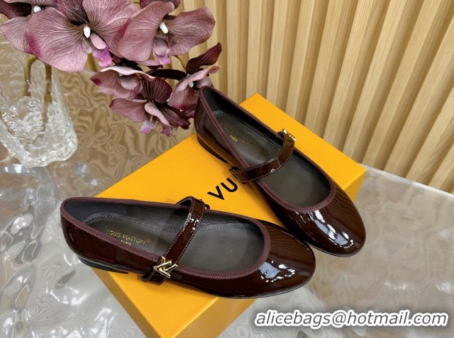 Popular Style Louis Vuitton Romy Flats Ballerinas in Patent Leather with LV Strap Dark Brown 0222083