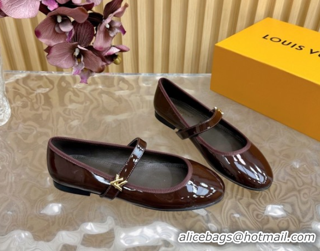 Popular Style Louis Vuitton Romy Flats Ballerinas in Patent Leather with LV Strap Dark Brown 0222083