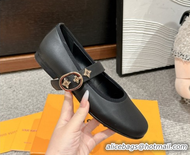 Stylish Louis Vuitton Romy Flats Ballerinas in Lambskin with Buckle Strap Black 0222091