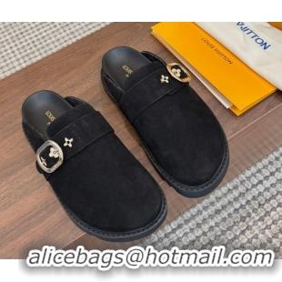 Perfect Louis Vuitton LV Cosy Flat Comfort Clog Mules with Buckle Strap in Suede Black 0224001