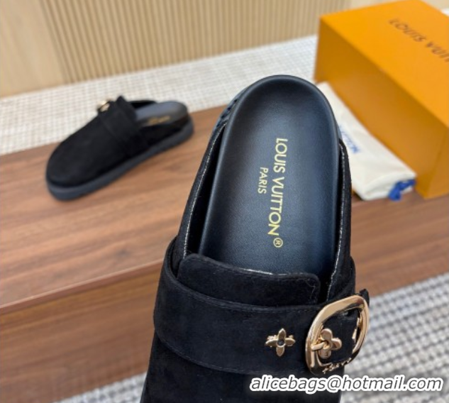 Perfect Louis Vuitton LV Cosy Flat Comfort Clog Mules with Buckle Strap in Suede Black 0224001