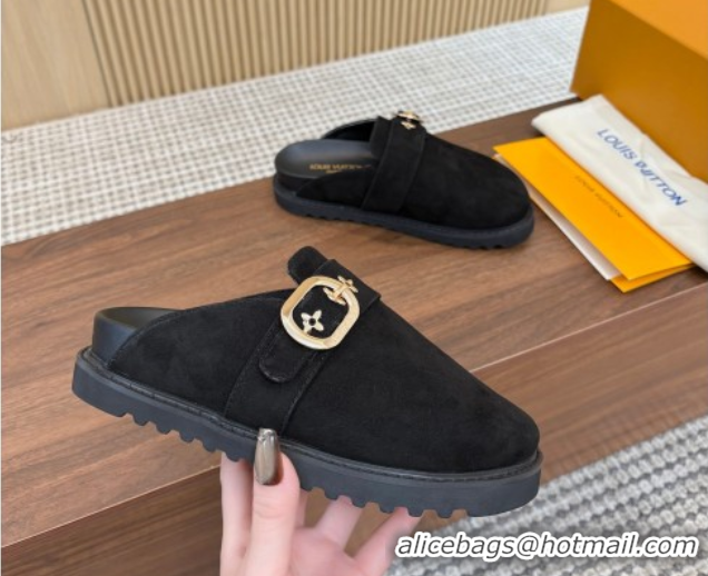 Perfect Louis Vuitton LV Cosy Flat Comfort Clog Mules with Buckle Strap in Suede Black 0224001