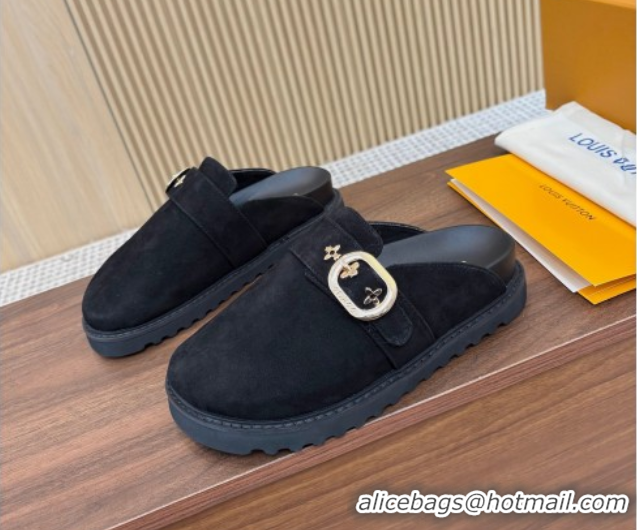 Perfect Louis Vuitton LV Cosy Flat Comfort Clog Mules with Buckle Strap in Suede Black 0224001