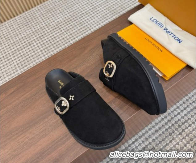 Perfect Louis Vuitton LV Cosy Flat Comfort Clog Mules with Buckle Strap in Suede Black 0224001