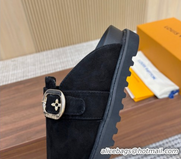 Perfect Louis Vuitton LV Cosy Flat Comfort Clog Mules with Buckle Strap in Suede Black 0224001