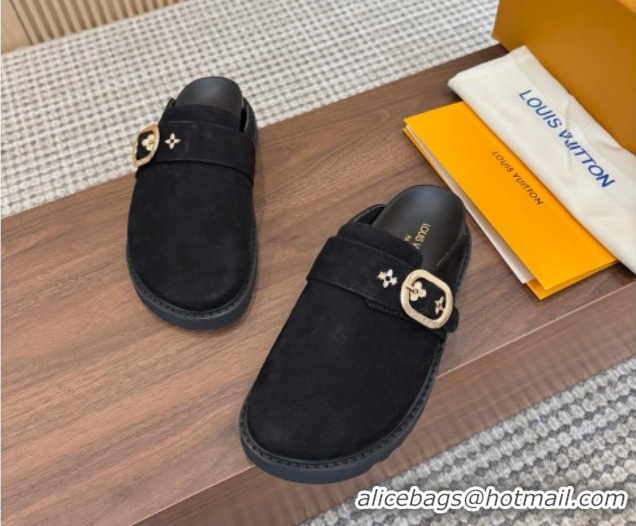 Perfect Louis Vuitton LV Cosy Flat Comfort Clog Mules with Buckle Strap in Suede Black 0224001