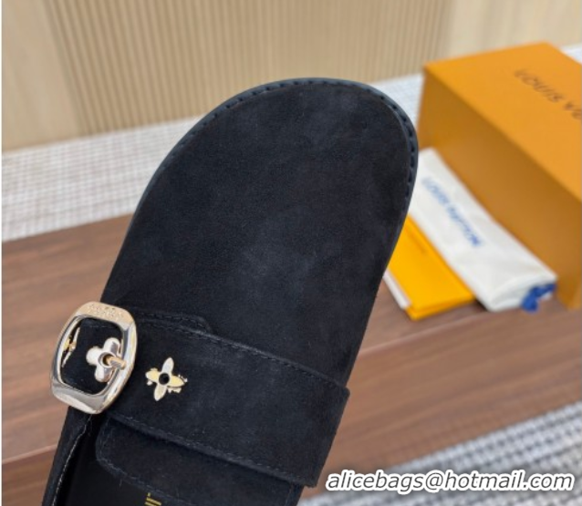 Perfect Louis Vuitton LV Cosy Flat Comfort Clog Mules with Buckle Strap in Suede Black 0224001