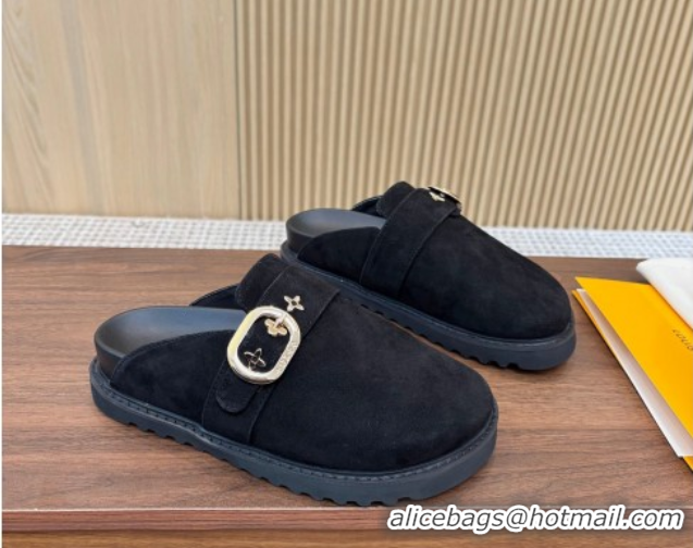 Perfect Louis Vuitton LV Cosy Flat Comfort Clog Mules with Buckle Strap in Suede Black 0224001
