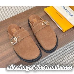 Top Grade Louis Vuitton LV Cosy Flat Comfort Clog Mules with Buckle Strap in Suede Brown 50224002
