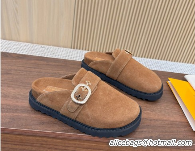 Top Grade Louis Vuitton LV Cosy Flat Comfort Clog Mules with Buckle Strap in Suede Brown 50224002