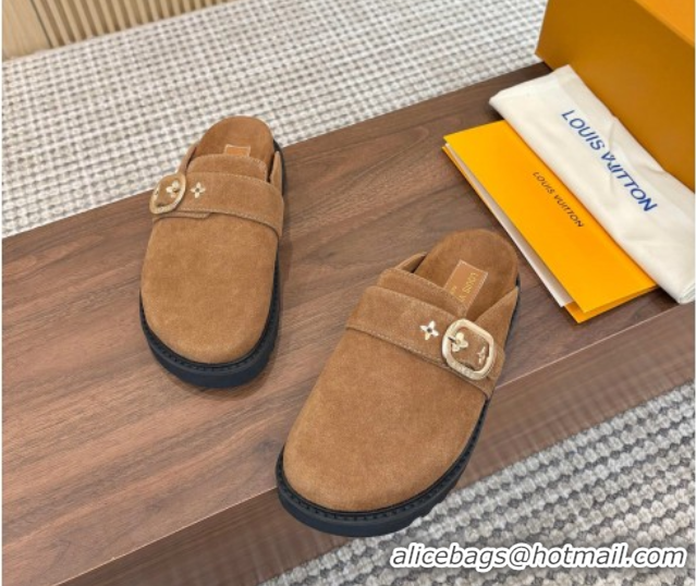 Top Grade Louis Vuitton LV Cosy Flat Comfort Clog Mules with Buckle Strap in Suede Brown 50224002