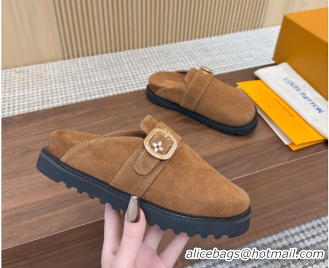Top Grade Louis Vuitton LV Cosy Flat Comfort Clog Mules with Buckle Strap in Suede Brown 50224002