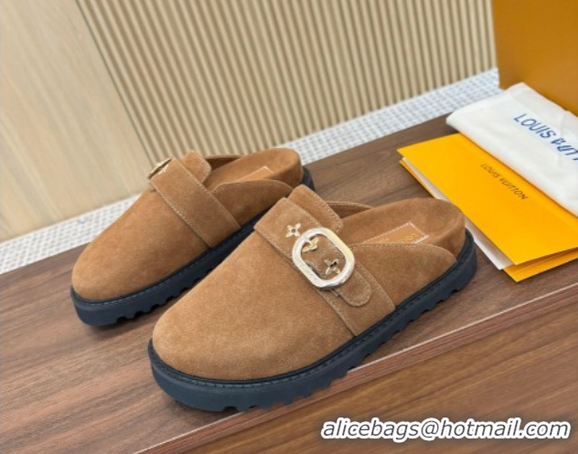 Top Grade Louis Vuitton LV Cosy Flat Comfort Clog Mules with Buckle Strap in Suede Brown 50224002