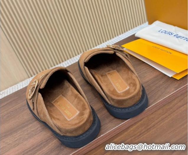 Top Grade Louis Vuitton LV Cosy Flat Comfort Clog Mules with Buckle Strap in Suede Brown 50224002