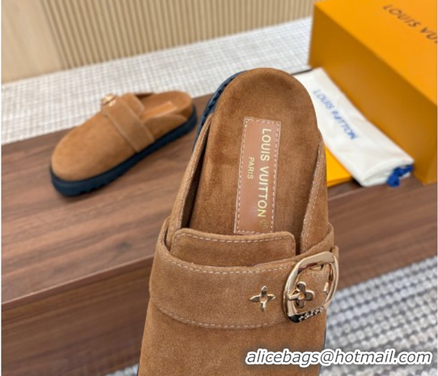 Top Grade Louis Vuitton LV Cosy Flat Comfort Clog Mules with Buckle Strap in Suede Brown 50224002