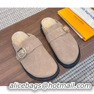Best Price Louis Vuitton LV Cosy Flat Comfort Clog Mules with Buckle Strap in Suede Grey 50224003