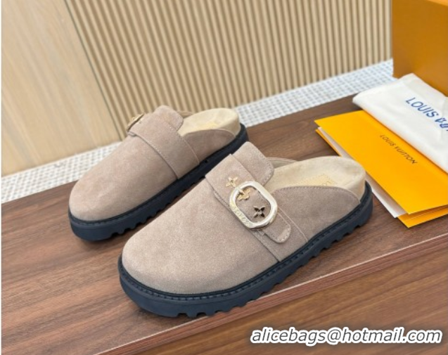 Best Price Louis Vuitton LV Cosy Flat Comfort Clog Mules with Buckle Strap in Suede Grey 50224003