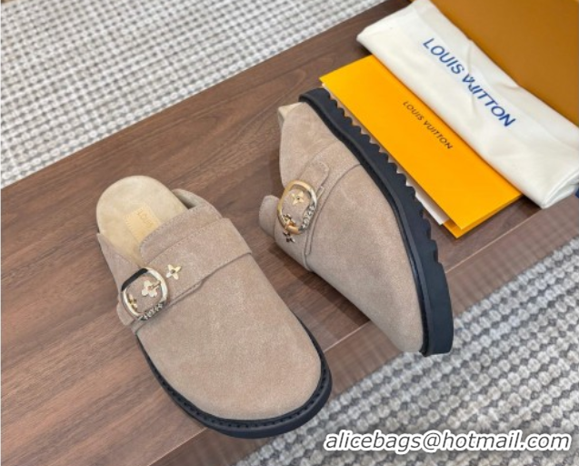Best Price Louis Vuitton LV Cosy Flat Comfort Clog Mules with Buckle Strap in Suede Grey 50224003