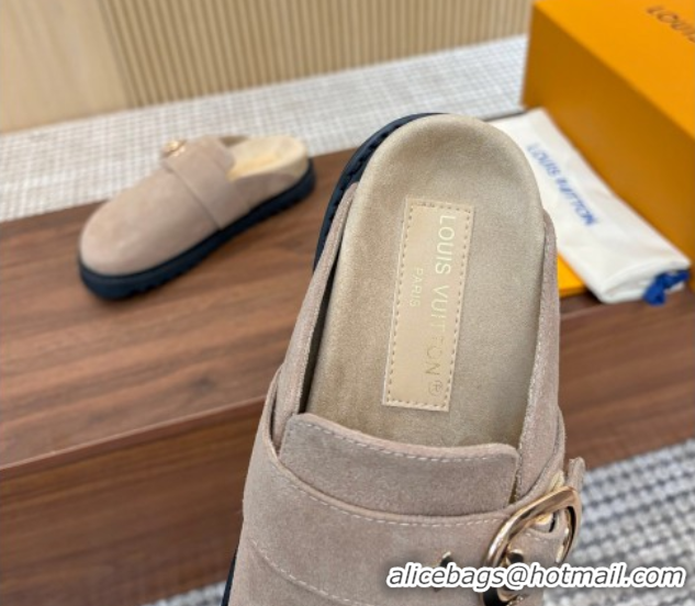 Best Price Louis Vuitton LV Cosy Flat Comfort Clog Mules with Buckle Strap in Suede Grey 50224003