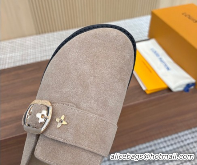 Best Price Louis Vuitton LV Cosy Flat Comfort Clog Mules with Buckle Strap in Suede Grey 50224003