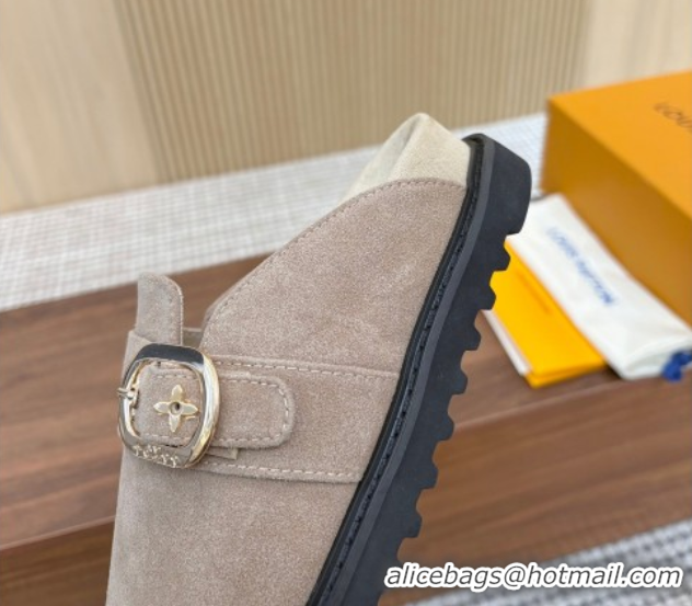 Best Price Louis Vuitton LV Cosy Flat Comfort Clog Mules with Buckle Strap in Suede Grey 50224003