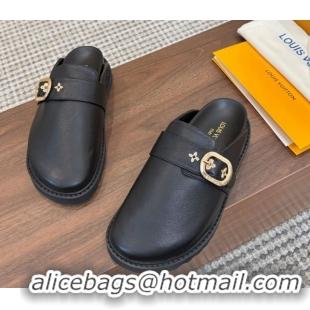 Pretty Style Louis Vuitton LV Cosy Flat Comfort Clog Mules with Buckle Strap in Calfskin Black 0224005