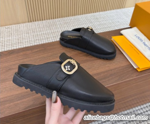 Pretty Style Louis Vuitton LV Cosy Flat Comfort Clog Mules with Buckle Strap in Calfskin Black 0224005