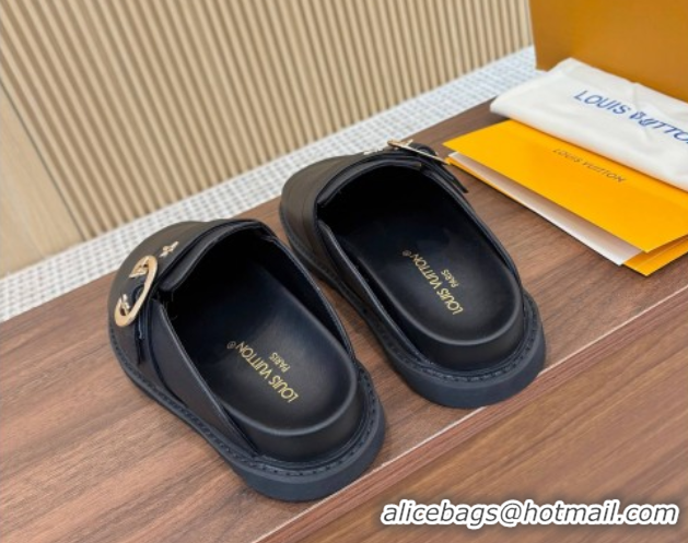 Pretty Style Louis Vuitton LV Cosy Flat Comfort Clog Mules with Buckle Strap in Calfskin Black 0224005