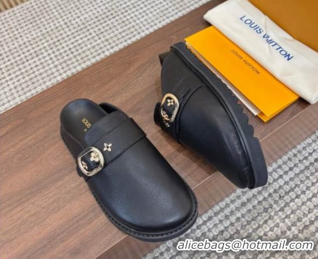Pretty Style Louis Vuitton LV Cosy Flat Comfort Clog Mules with Buckle Strap in Calfskin Black 0224005
