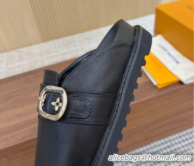 Pretty Style Louis Vuitton LV Cosy Flat Comfort Clog Mules with Buckle Strap in Calfskin Black 0224005