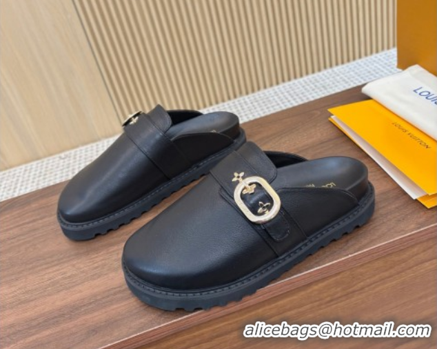 Pretty Style Louis Vuitton LV Cosy Flat Comfort Clog Mules with Buckle Strap in Calfskin Black 0224005