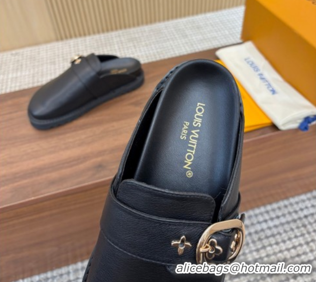 Pretty Style Louis Vuitton LV Cosy Flat Comfort Clog Mules with Buckle Strap in Calfskin Black 0224005