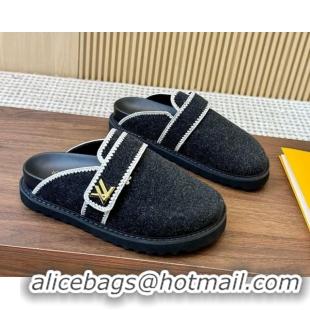 Sumptuous Louis Vuitton LV Cosy Flat Comfort Clog Mules with LV Strap in Wool Black 50224006