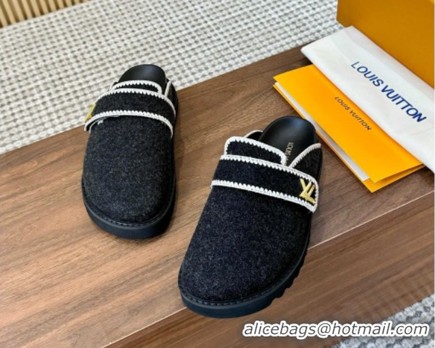 Sumptuous Louis Vuitton LV Cosy Flat Comfort Clog Mules with LV Strap in Wool Black 50224006